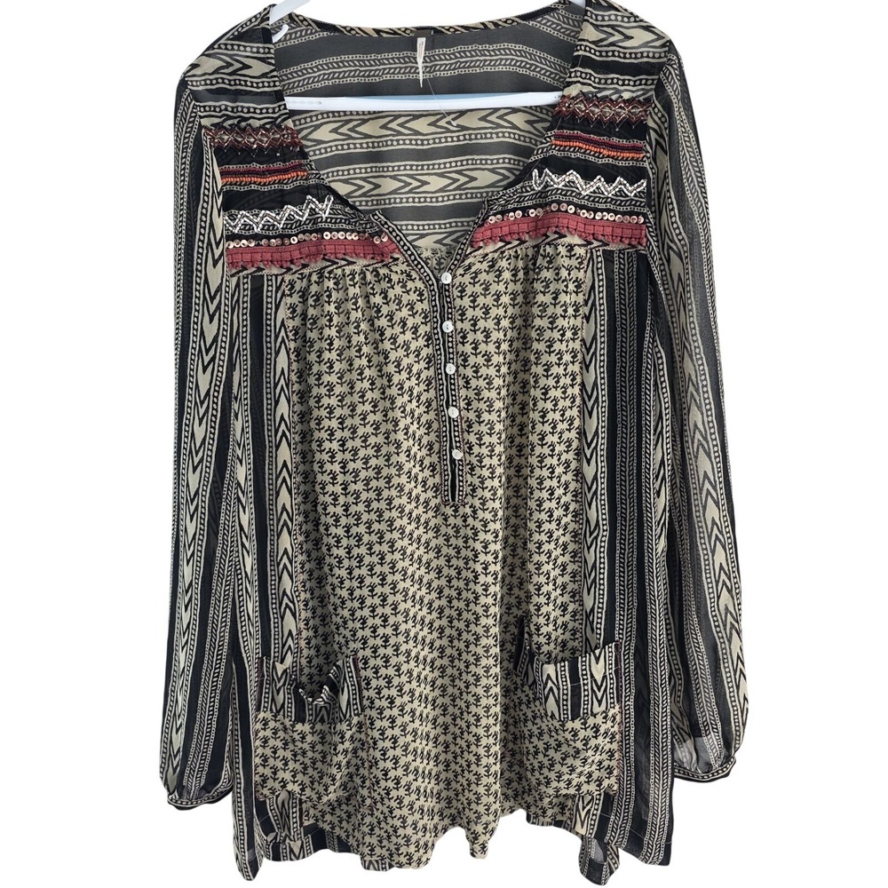 Free People Beaded Long Sleeve Boho Tunic Top Womens M Hippie Festival Aztec